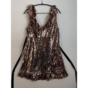 Free People Bronze Sequin Mini Dress Sleeveless V-Neck Ruffle Accents Size 10